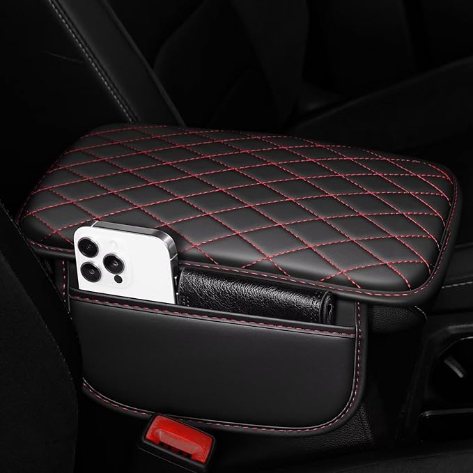 Upgraded Car Center Console Cover Fit for Corolla Cross Faux Leather Car Armrest Cover Cushion with 2 Storage Bags,Car Armrest Storage Box Interior Accessories(Black&Redline)