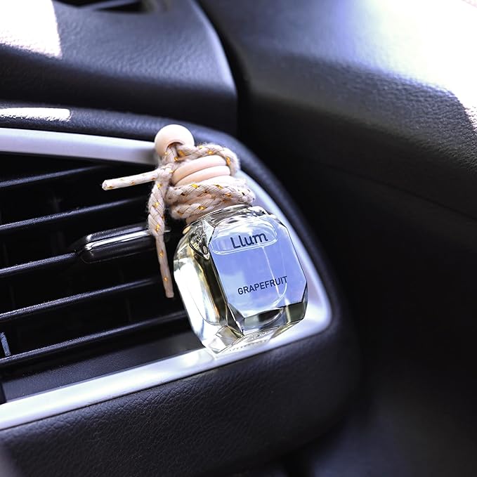 Llum Grapefruit Hanging Car Air Freshener – Luxury Automotive Perfume Diffuser 10ml (0.34 fl oz), Long-Lasting Fragrance, Alcohol-Free Non-Toxic Car Scent, Glass Bottle With Wood Cap & AC Vent Clip