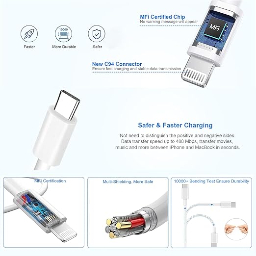 Extra Long 10FT iPhone Fast Charger,i Phone Charger Fast Charging【MFi Certified】2Pack 20W PD Fast USB C Charger Block + 10Foot i Phone Charging Cable Cord for iPhone 15/14/13/12/11/XS/XR/SE2022/8/iPad