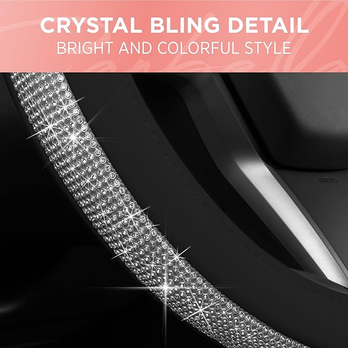Carbella Leatherette Crystal Bling Steering Wheel Cover for Car SUV, Glitter Sparkle Rhinestone Cute Car Accessories for Women Universal Fit Standard Size (Fits 14.5"-15") - Black w/ Silver Bling