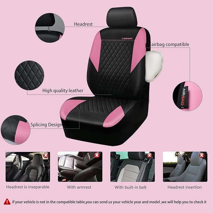 CAR PASS Pink Leather Seat Covers,Girly Quilting Pretty Cute Car Seat Cover with 5mm Composite Sponge Inside,Airbag Compatible, Universal Fit for Most Sedan,SUV,Vans(Full Set,Pink)