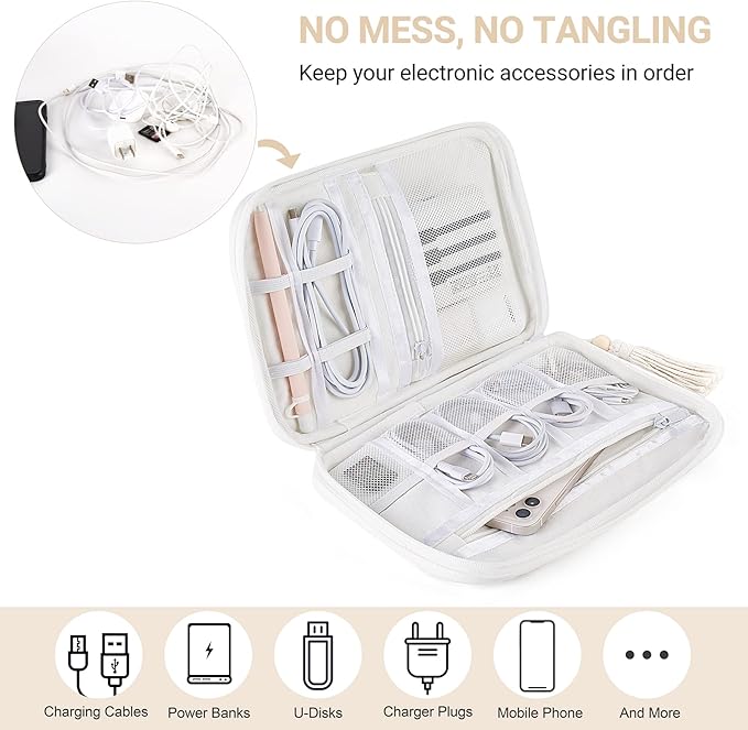 Mkono Electronics Organizer Travel Cable Cord Organizer Cotton Bag, Portable All-in-One Accessories Travel Essentials Storage Case with Tassel for Cable Charger Phone USB Pouch for Women, White