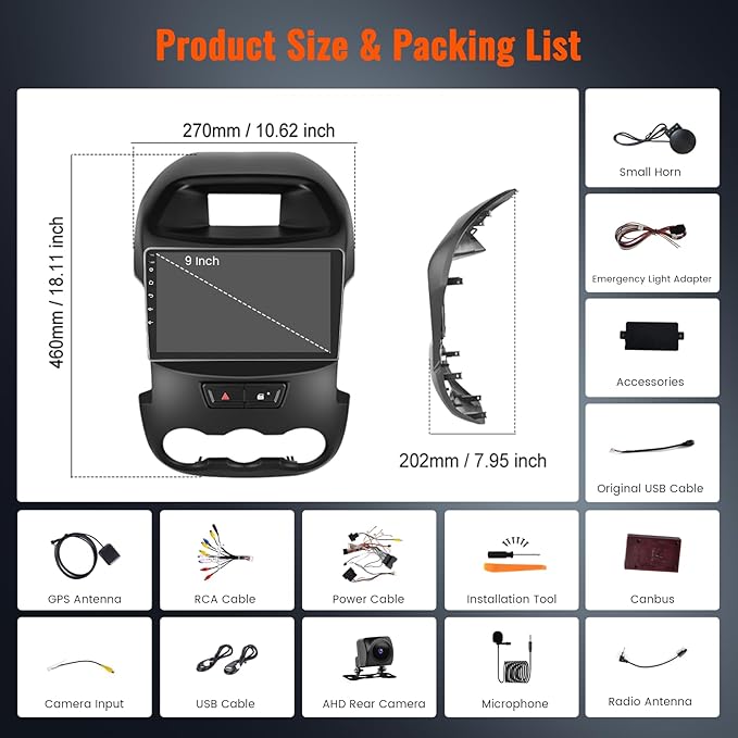 [4+64G] Realdio Android 15 Car Radio for Ford Ranger 2011-2015 with Wireless CarPlay Android Auto, 9 Inch Touch Screen Car Stereo for Ford Ranger with GPS WiFi, Bluetooth 5.0 FM/RDS 32EQ Backup Camera