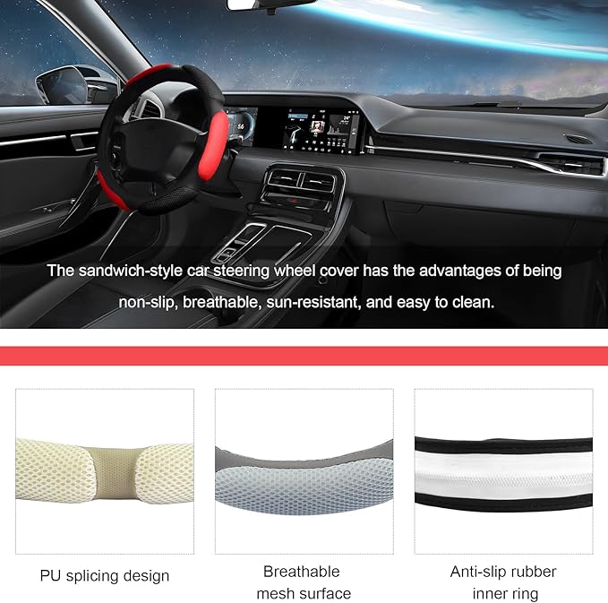 Car Steering Wheel Cover, 15" Breathable Ice Silk Auto Wheel Protector with Comfortable Grip, Anti-Slip Slip-on Steering Wheel Wrap Soft Hand Pad Cushion for Women Men (Black & Red)