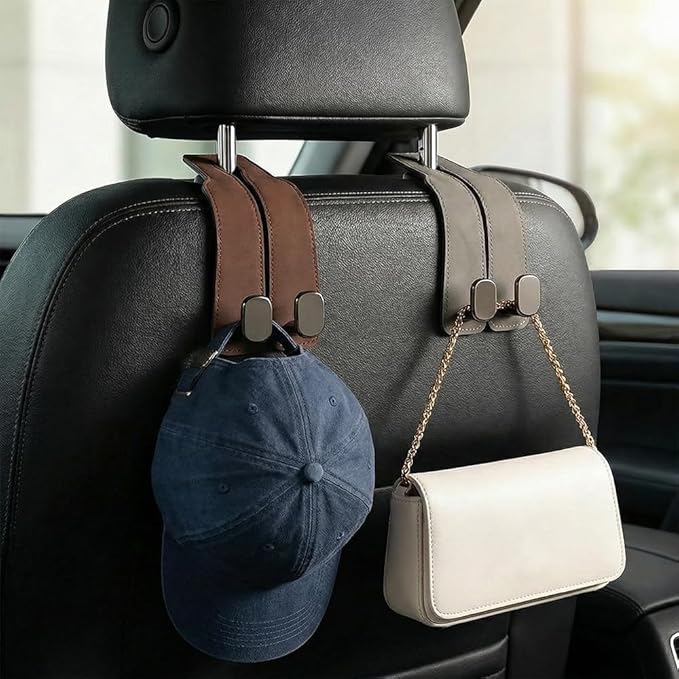 Car Seat Back Storage Hook, 2026 New Two Hook Fur Leather Seat Back Headrest Hanger Genuine Leather Double Metal Hook for Backseat Organizer, Car Organization Accessories (2, Black)