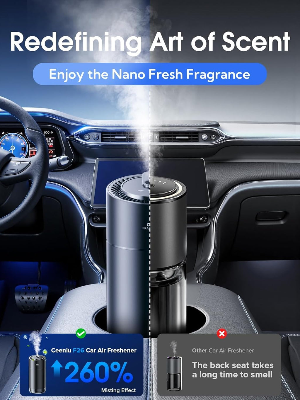 Ceeniu Smart Car Air Fresheners, New smell experience by Ultrasonic mist, Auto On/Off, Powerful Built-in Battery, Long lasting natural fragrance, Adjustable car freshener, Bamboo scent