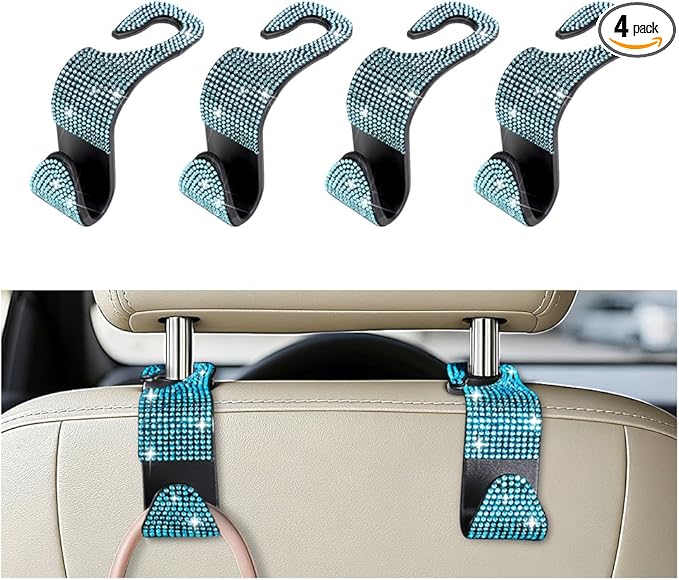 4PCS Bling Car Seat Headrest Hooks, Crystal Rhinestone Vehicle Back Seat Hanger Holder, Auto Interior Headrest Hanging Storage Organizer for Purse Handbag Coat, Universal Fit (Blue)