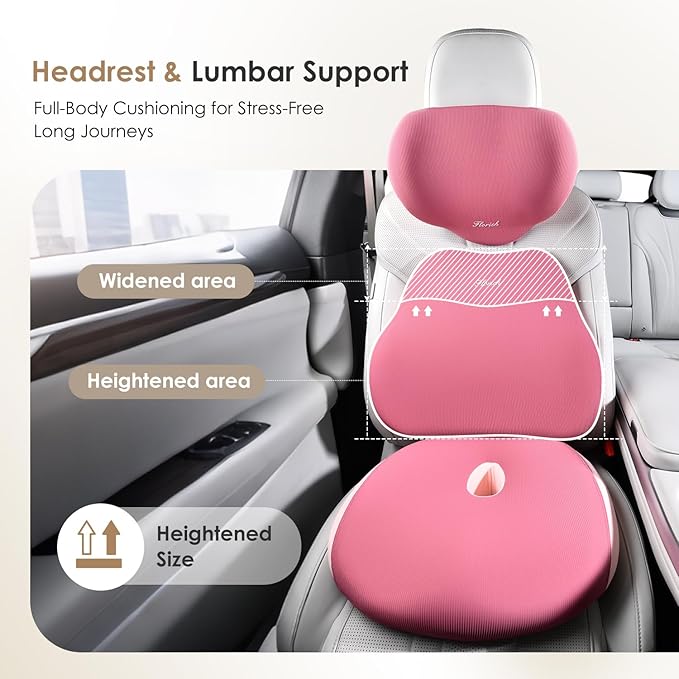 FLORICH Car Seat Cushion & Lumbar Support Pillow & Car Neck Pillow, Ergonomic Memory Foam Driving Seat Cushions for Back & Sciatica Pain Relief, Non-Slip Cushion for Car, Office Chair,Wheelchair-Pink