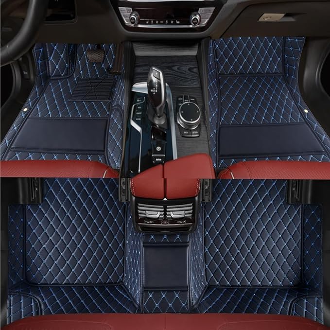 Custom Personalized Floor Mats for Cars，Luxury Full Coverage All Weather Car Floor Mats，Anti-Slip Leather Car Mat Set ，Custom Floor Mats for 99% of Cars, Trucks & SUVs (Black Blue)