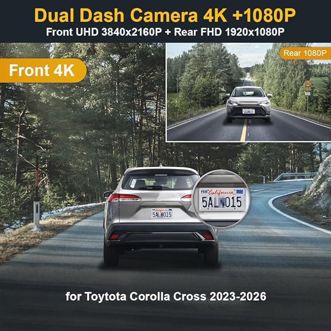 Fitcamx Front 4K+Rear 1080P Dash Cam Adapts for Toyota Corolla Cross 2023-2026 (NOT Corolla), OEM Style, Built-in WiFi & APP, Dual HD Video, Loop Recording, G-Sensor, Easy to Set, 128GB Card