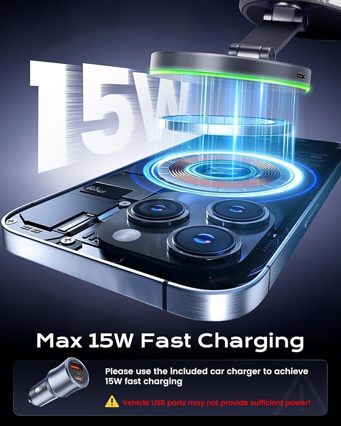 Magnetic Phone Charging Holder Mount for Magsafe Car Mount Charger, 15W Fast Charger Wireless [108+LBS Suction & 3800gf Magnetic], 360° Adjustable Vacuum Holder for iPhone 12-17 series (with Adapter)