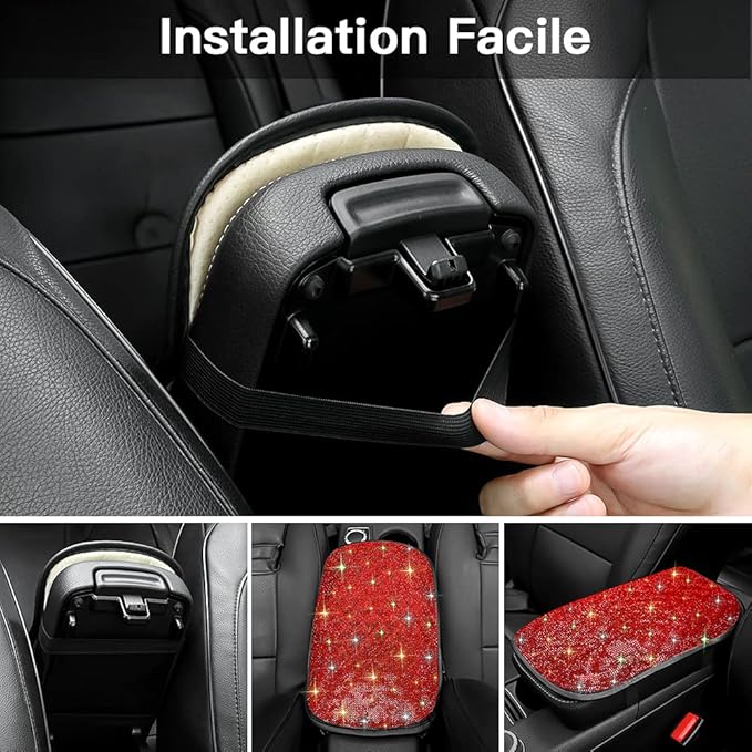 SAVORI Bling Car Armrest Cover Diamond Rhinestone Auto Center Console Cover Protector Arm Rest Cushion Pads Universal Bling Car Accessories for Women Girl Cute Vehicle Interior Decor (Red)