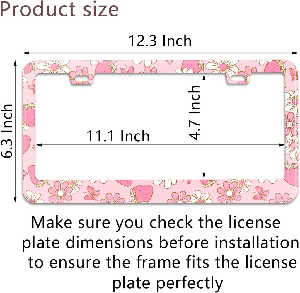 Pink Strawberry Butterfly Floral License Plate Frame Stainless Steel License Plate Frames Holder Covers Rust-Proof Auto Parts Decoration with Screws License Plate Holder for Car Accessories 12x6 Inch
