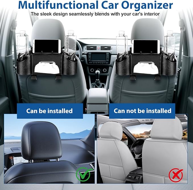 Ciieeo 4 in 1 Backseat Car Organizer with Cup Holder Tissue Box and Hooks Multifunctional Seat Back Storage Box for Road Trip Travel Accessories Universal Auto Headrest Holder