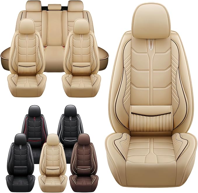 Leather Car Seat Covers Fit for Toyota Camry 2002-2024, 5 Seater Car Seat Cover, Premium Waterproof, Scratch Resistant Car Interior Accessories (Full Set Beige)