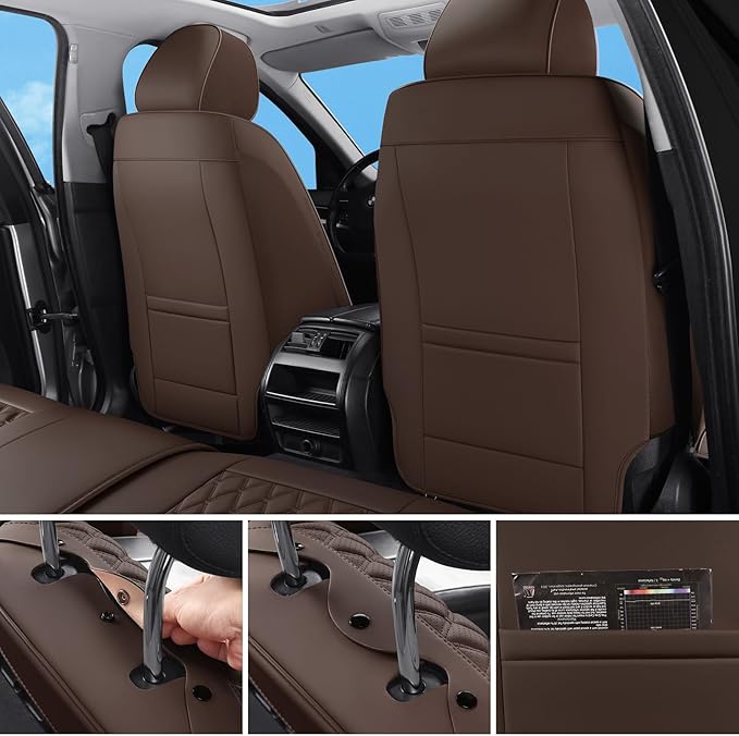 Car Seat Covers Front Seats Brown, Luxury Faux Leather Car Seat Cover Waterproof Non-Slip Protector Universal Fit for Most Cars SUVs Trucks Pick-ups,Car Accessories Interior(Brown-Front Seats)