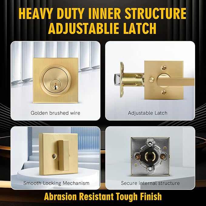 Front Door Handle with Deadbolt Lock Set, Keyed Alike Heavy Duty Privacy Handles Locksets, (4Pack-Set,Satin Brass)