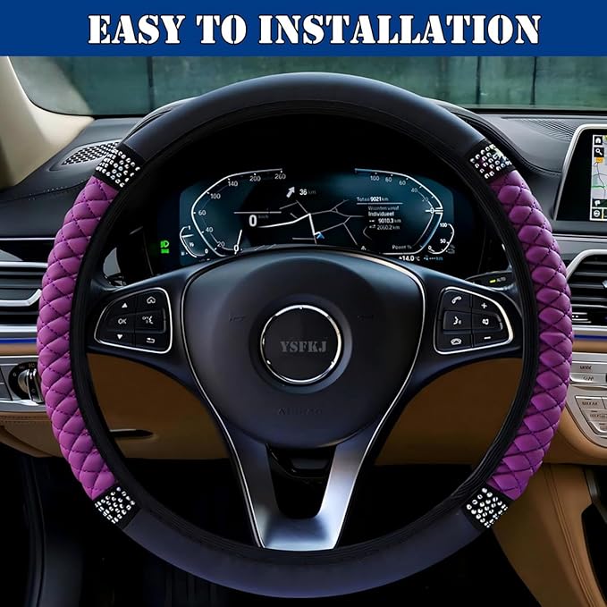 Soft Leather Car Steering Wheel Cover, Universal 15 Inch Colorful Rhinestones Anti-Slip Elastic Steering Wheel Covers for Most Cars, Sparkly Crystal Diamond for Women Girls (Purple)