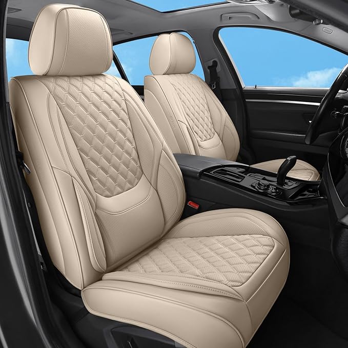 Car Seat Covers Front Seats, Luxury Faux Leather Car Seat Covers Waterproof Non-Slip Seat Protector Universal Fit for Most Cars SUVs Trucks Pick-ups, Beige Car Accessories Interior