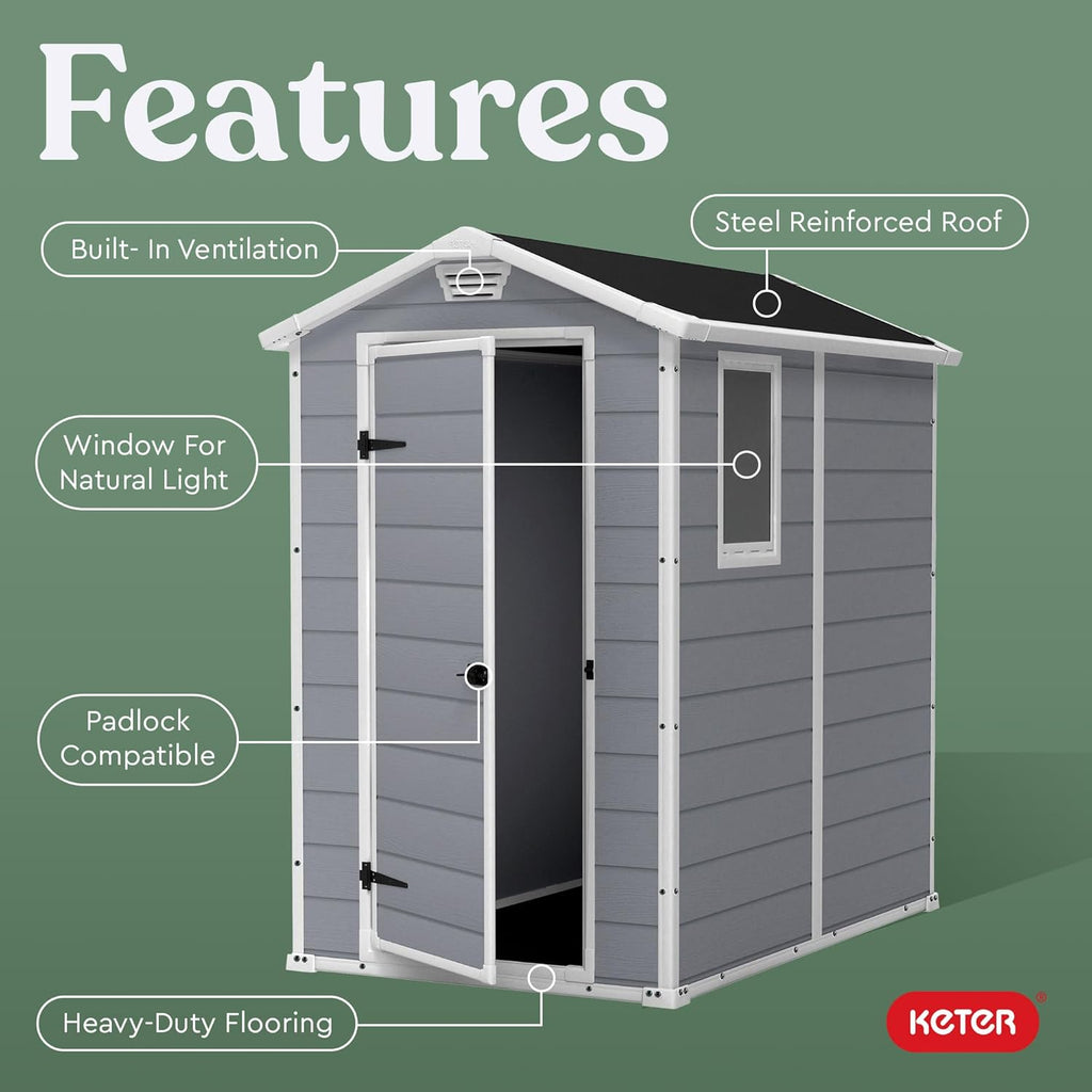 Keter Manor 4x6 Resin Outdoor Storage Shed Kit-Perfect to Store Patio Furniture, Garden Tools Bike Accessories, Beach Chairs and Lawn Mower, Grey & White