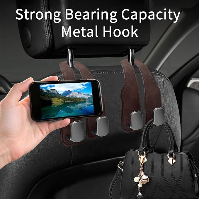 Car Seat Headrest Hooks for Purses and Bags, 2 Pack Bag Purse Holder for Car With Double Metal Hooks, Car Purse Hanger, Headrest Back Seat Handbags Hook Cute Hanging Accessories, Brown