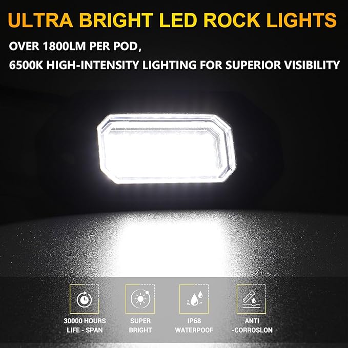 12Pods Metal Bright Pure White LED Rock Lights Kit,Per pod provided 15FT Power Cord,6500K 36LEDs Neon Underglow Light Aluminum Waterproof Fender Lights for Trucks Trailer Jeep Off Road ATV UTV
