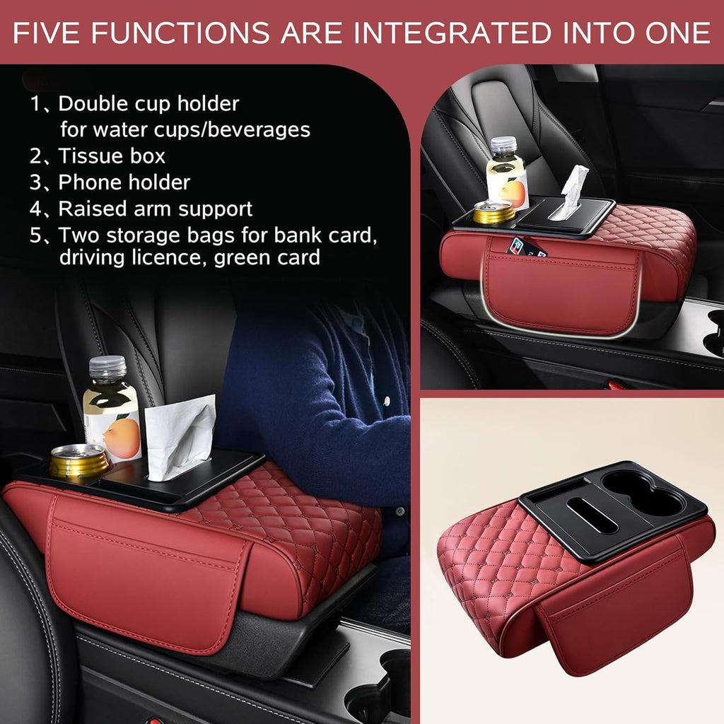 5 in 1 Car Armrest Storage Box for Center Console, Armrest Cushion Cover for Car with 2 Cup Holders Storage Bags, Tissue Box, Phone Slot, Premium Memory Foam with Nappa Leather, 14.2*7.9*2.8in (Gray)