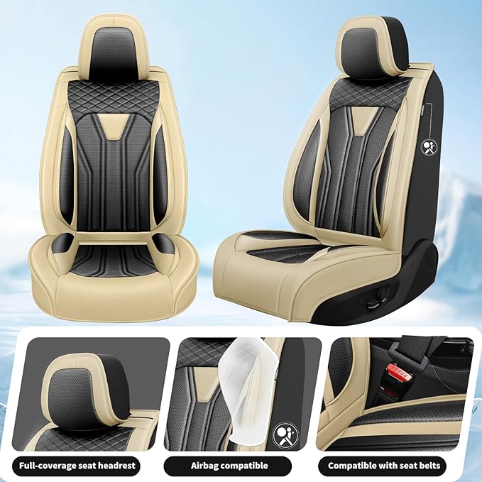 Fit Kicks Car Seat Covers， Compatible with Nissan Kicks 2018-2026 -Premium Leather, Waterproof Breathable All-Weather Seat Cushion Protector Airbag Compatible（2 Seats Front Pair，Beige & Black