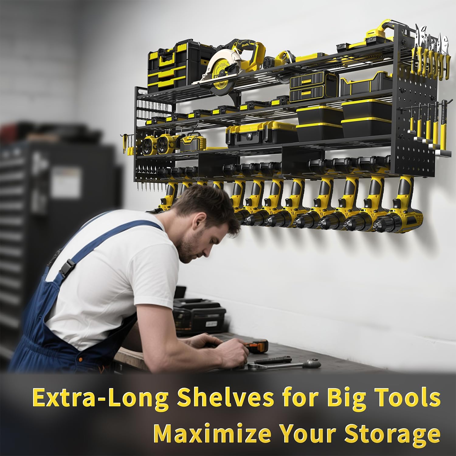 Power Tool Organizer Wall Mount, 49" Heavy Duty 4-Tier Garage Storage Shelf with 12 Drills Holder, Pegboard Side Panels,4 Long Hooks, Large Tool Battery Holder Metal Tool Shelf Rack