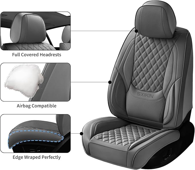 Car Seat Covers Front Seats, Luxury Faux Leather Car Seat Covers Waterproof Non-Slip Seat Protector Universal Fit for Most Cars SUVs Trucks Pick-ups, Grey Car Accessories Interior