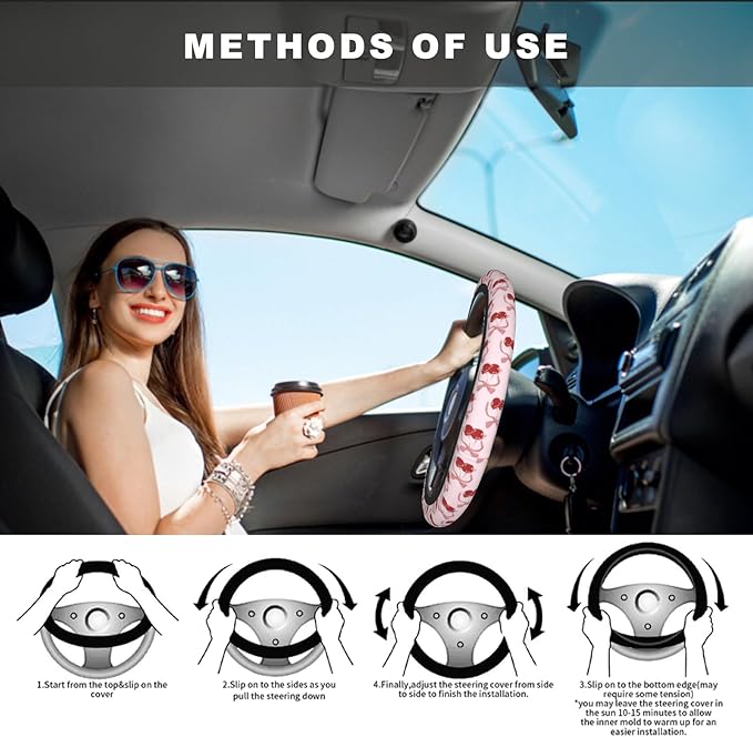 Pink Cherry Steering Wheel Cover, Cute Kawaii Anti-Slip Breathable Car Accessories Interior Elastic Steering Wheel Cover for Women Girly Gifts Fit Auto, SUV Vans Truck Universal 14.5-15 Inch