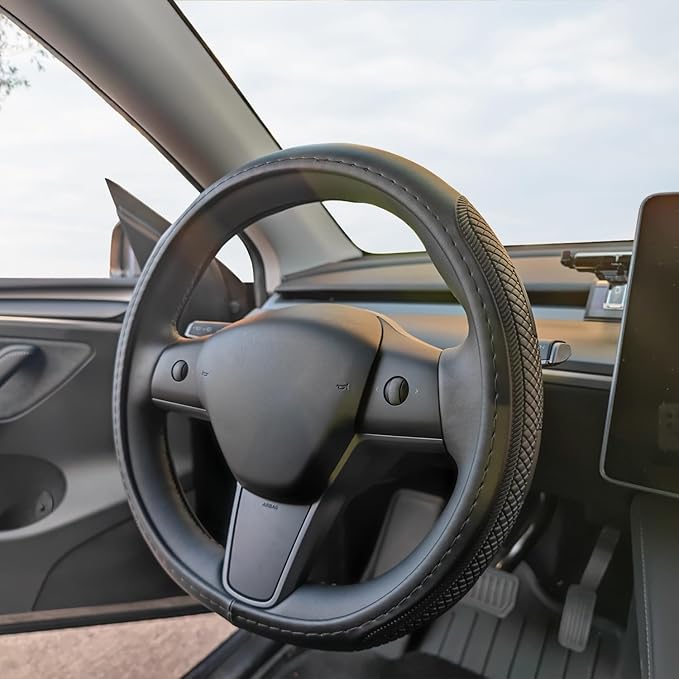 D Shape Steering Wheel Cover for Tesla Model 3 / Y, for Camaro, 14-14.25 Inch Black Leather Car Wheel Cover for Men Women