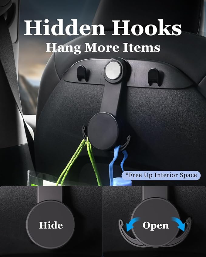 1 Pack Car Seat Hooks & Magnetic Phone Holder for Tesla Model Y(Juniper) Model 3(Highland) Accessories 2025 2024 2023 2022 2021, Car Seat Back Storage Purse/Bag/Hat Hook for iPhone