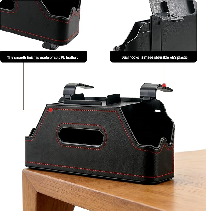 Sporacingrts Car Seat Back Organizer with Cup Holders, Tissue Box, Hooks, Phone Slot, Black PU Leather Storage Box for Backseat, 1 Pack, Fits Most Cars SUVs Trucks