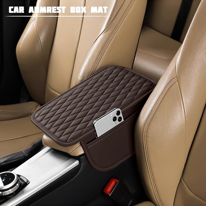 Car Armrest Cushion Pad, Leather Vehicle Center Console Cover with 2 Storage Bags, Non-Slip Automotive Interior Arm Rest Seat Box Cover Accessories, Universal for SUV RV Sedan (Coffee)