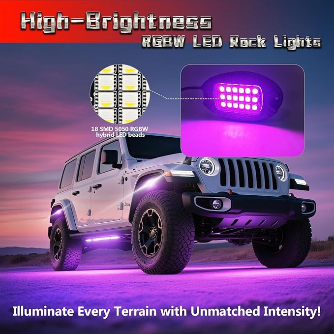 8 Pods Metal RGBW Rock Lights,LED Upgraded RGB Underglow Lights for Truck Jeeps ATV UTV Golf Cart RZR SXS Offroad,IP68 Waterproof Metal Multicolor Neon Underglow Kit with APP/RF Remote Music Mode,12V