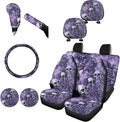FKELY Purple Skull Car Seat Covers - Full Set for Women - Floral Foiled with Headrest & Gear Shift Cover, Steering Wheel Cover, Handbrake & Cup Coasters