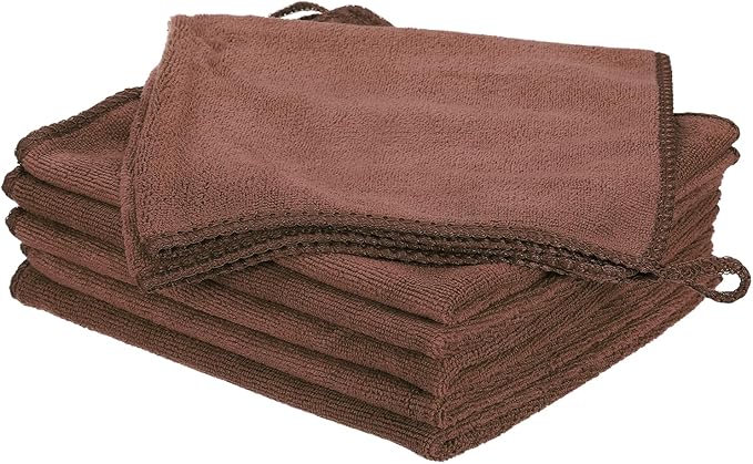 HARFINGTON 6 Pack Microfiber Cleaning Cloth, 16" x 12" Multi-Functional Cleaning Towels Reusable Absorbent Rags with Hook for Car Wash Kitchen Household Window Clean, Brown