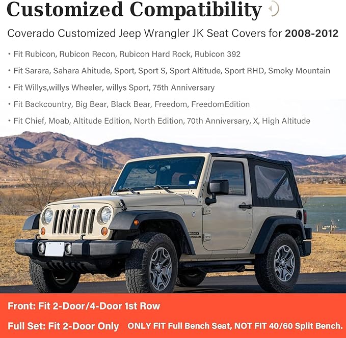 Coverado Seat Covers for Jeep Wrangler, Waterproof Seat Cover Full Set, Vehicle Leather Seat Protector for Unlimited Sahara Rubicon Willys Jeep Wrangler JL Seat Cushions 4 Door 2018-2026 (Gray)