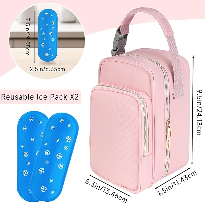 Breastmilk Cooler Travel bag with Ice Pack,Portable Breastmilk Cooler Bag with Buckle Handle,Insulated Breastmilk Storage Bag Cooler,Pink