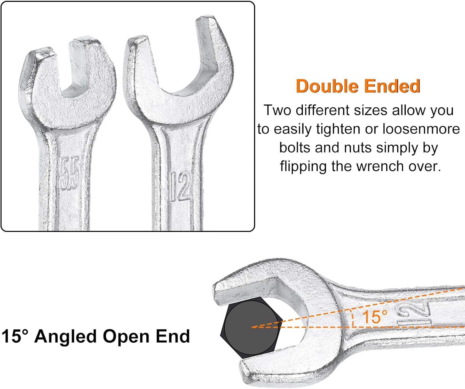 HARFINGTON 2pcs Double Open End Wrench 12mm x 13mm Metric 15 Degree Offset Angle Small Flat Head Wrench Galvanizing Open Ended Spanner for Automotive Repair Furniture Assembly