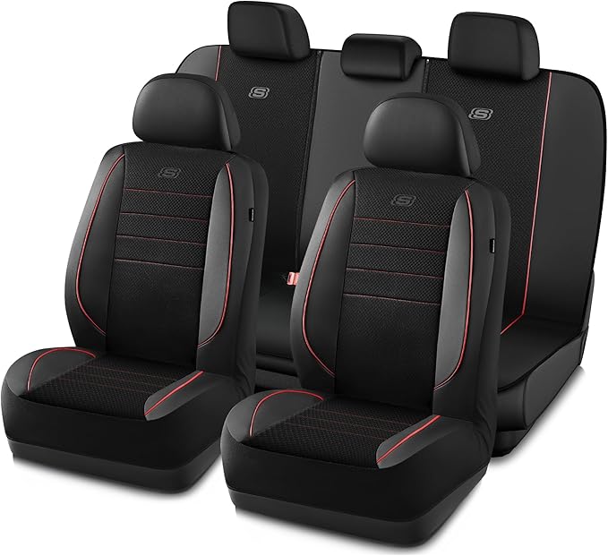Skechers Air-Cooled Memory Foam Seat Covers,Mesh Thick Car Seat Covers,Piping Leather Car Seat Cover Full Set,Airbag Compatible,Automotive Comfort Universal Fit Most Cars,Vans,Trucks,SUV,Red
