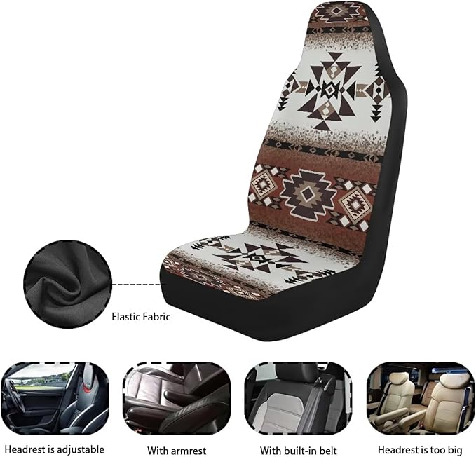 ELEQIN Car Seat Covers Two Front Only for Car, Brown Aztec Geometric Automotive Interior Covers, Quick Setup Universal Fit Seat Covers for Car, Truck, SUV