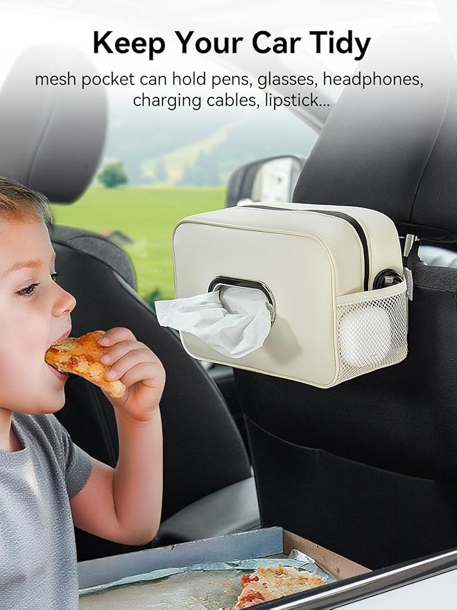 2 Pack Multi-Functional Car Tissue Holder with ‌2 Tuck Nets, Upgraded PU Leather Tissue Box Cover, Large Rectangle Napkin Storage Organizer, Keep Car Tidy, Beige