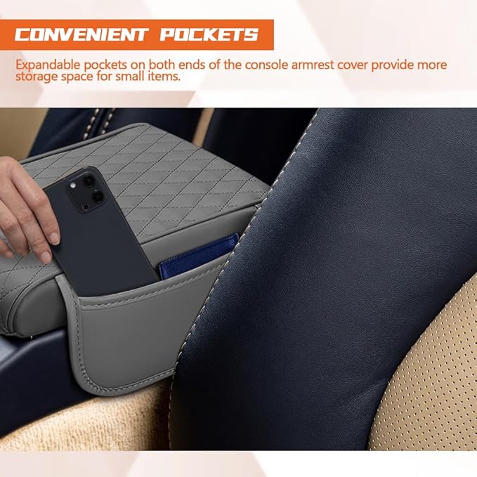 Car Center Console Cover, Napa Leather Car Armrest Cushion with Side Pockets, Memory Foam Auto Armrest Seat Box Mat, Universal Interior Armrest Protective Cover Accessories for Most Vehicle