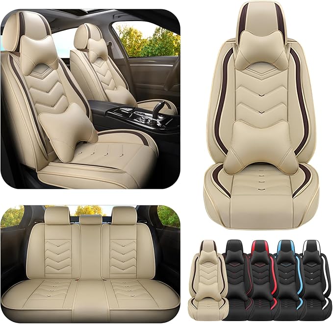 Car Seat Covers for Fiat 500 2012-2019, Premium Nappa Leather Car Seat Cover, Stylish Sport Seat Covers， Automobile Seat Cover Sets.(Luxury 5 Seats/Beige)