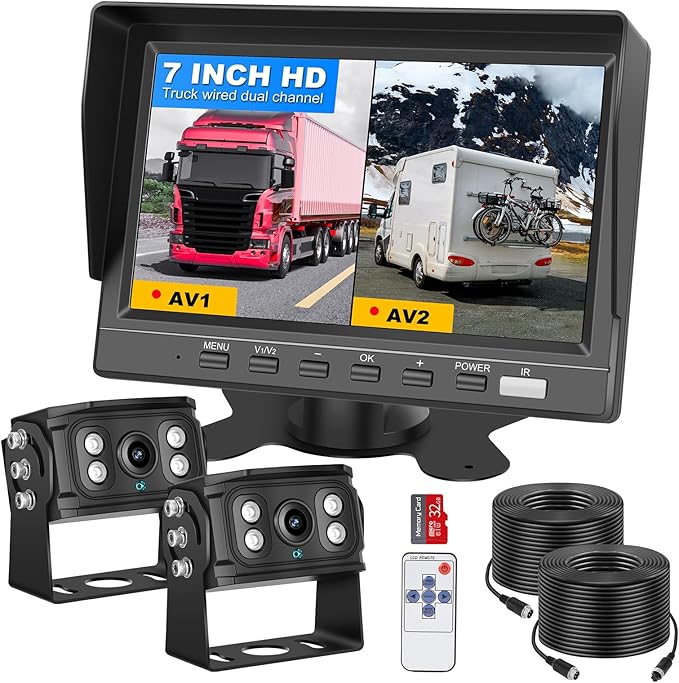Dual RV Backup Camera 7 Inch 4K Display Screen Loop Recording Voice Control System IP68 Infrared Night Rear View Camera Wired Kit RV Trucks Tractors Car Videorecorders （12-24V）