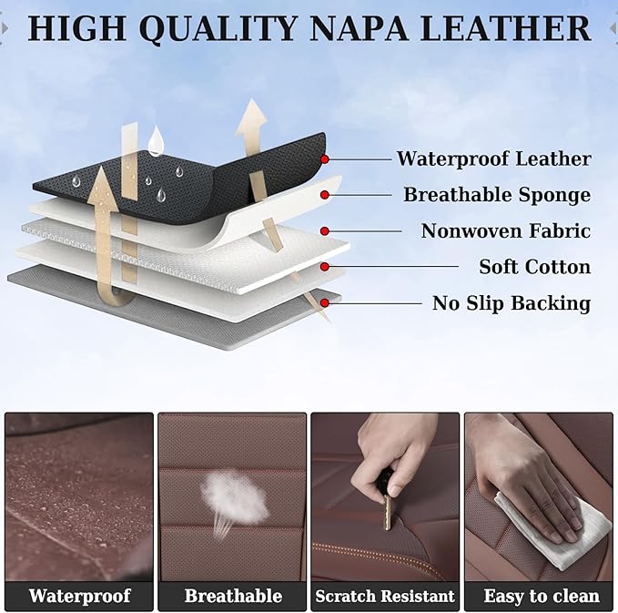 Coverado Car Seat Covers Full Set, Nappa Leather Seat Covers for Cars, Car Seat Protector Car Seat Cushion, Front and Back Seat Protectors Cushions Universal Fit for Most Cars Vehicles(Brown)