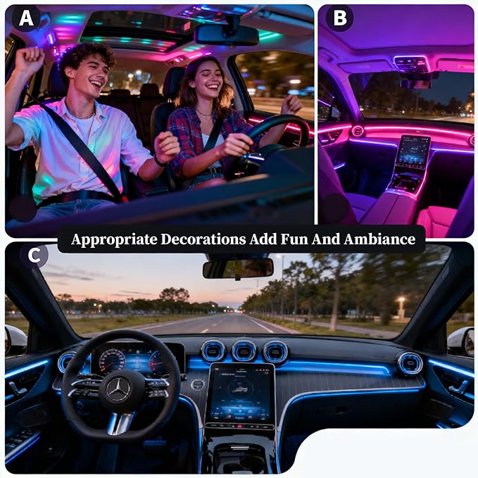 DIBMS Acrylic Car Interior LED Neon Strip Lights, USB Powered with APP Remote Control RGB Music Sync DIY Mode Ambient Lighting Kit for Vehicle Center Console Dashboard Decor