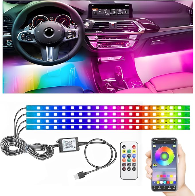 STONEBANKS 5.7FT LED Interior Light for Car, 48LEDs RGB USB Under Dash Lighting, Footwell Neon Internal Lights Kit, Smart APP and Remote Dual Control, Multicolor Music and Mic Mode